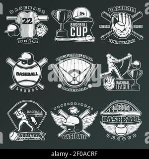 Emblemi monocromi di squadre e competizioni con attrezzature sportive immagine vettoriale isolata su sfondo nero Illustrazione Vettoriale