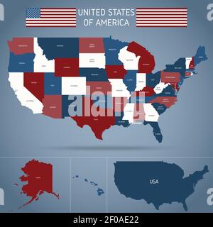 Mappa politica del manifesto usa con le regioni di bandiera americana di paese su sfondo blu illustrazione vettoriale Illustrazione Vettoriale