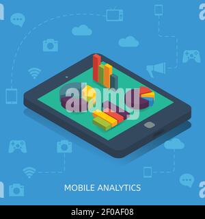Design isometrico dell'analisi mobile con diagrammi rotondi e grafici a barre sullo smartphone su sfondo blu, illustrazione vettoriale Illustrazione Vettoriale