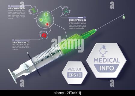 Infografiche di scienza medica con testo di esagoni di siringa e icone semplici in stile realistico Illustrazione Vettoriale