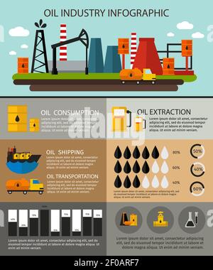 Infografica sull'industria petrolifera con descrizione dell'estrazione dell'olio a consumo trasporto di spedizione e grafici con percentuali Illustrazione Vettoriale