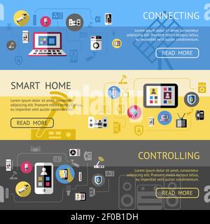 Set di banner Smart Home con descrizioni di connessione Smart Home e controllo dell'illustrazione vettoriale Illustrazione Vettoriale
