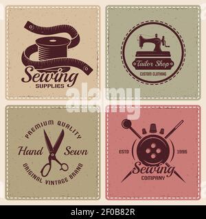 Set di quattro icone sartoriale quadrate con etichette diverse figure su tema di cucitura illustrazione vettoriale Illustrazione Vettoriale