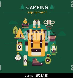 Camping verde composizione di colore con icona set su escursioni e. illustrazione vettoriale del tema del campeggio Illustrazione Vettoriale