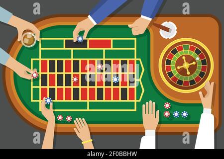 Gioco di roulette vista dall'alto con le mani femminili e maschili chip di sigaro sull'illustrazione vettoriale del campo da gioco Illustrazione Vettoriale
