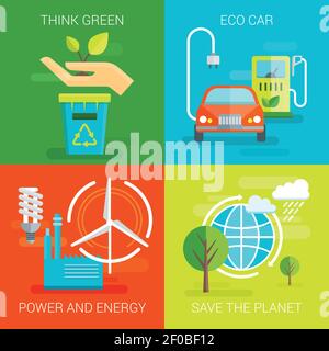 Composizioni ecologiche piatte con pensare verde auto salvare pianeta illustrazione vettoriale con isolamento energetico e alimentazione sicuro Illustrazione Vettoriale