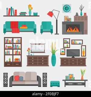 L'icona degli interni per mobili piatti si trova a casa in una stanza diversa o illustrazione vettoriale appartamento Illustrazione Vettoriale