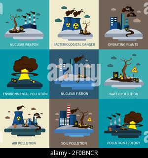 Inquinamento ambientale insieme di icone con descrizioni di armi nucleari batteriologiche pericolo acqua ambientale aria suolo e vettore di inquinamento ecologico Illustrazione Vettoriale