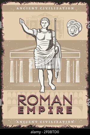 Vintage poster impero romano con iscrizione Julius Caesar monete su edifici della civiltà antica roma sfondo illustrazione vettoriale Illustrazione Vettoriale