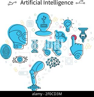 Poster di intelligenza artificiale robot testa e diversi strumenti in lyne stile e illustrazione vettoriale di colore blu Illustrazione Vettoriale