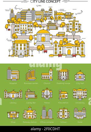 Concetto di linea di costruzione con diversi tipi di edifici in città illustrazione vettoriale della scuola alberghiera della biblioteca ospedaliera Illustrazione Vettoriale