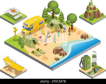Concetto isometrico di ricreazione all'aperto con i turisti viaggio autobus campeggi accessori e paesaggi naturali illustrazione vettoriale isolata Illustrazione Vettoriale