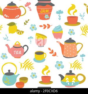 Cerimonia del tè motivo senza cuciture di cose dolci erbe pentole in ceramica e cups su sfondo bianco illustrazione vettoriale Illustrazione Vettoriale