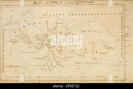 Playfair, Principal. Mappa del mondo secondo Strabo. 1814 A.. Foto Stock