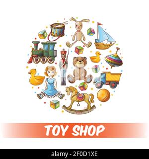 Giocattoli per bambini a composizione rotonda con set di icone colorate isolate combinate nella figura vettoriale a cerchio grande Illustrazione Vettoriale