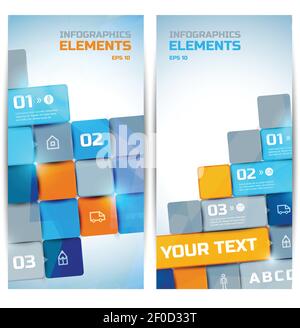 Elementi dell'infografica aziendale banner verticali con testo colorato con quadrati luminosi icone delle opzioni a tre fasi illustrazione vettoriale Illustrazione Vettoriale