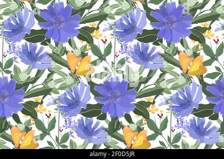Motivo floreale vettoriale senza cuciture. Cicoria blu, farfalle gialle. Illustrazione Vettoriale