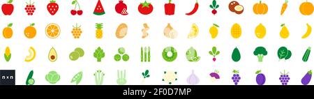 Set di icone vettoriali a colori piatti. Vegetali, frutta e bacche isolati su bianco. Design moderno. Cibo sano e vitamine Illustrazione Vettoriale