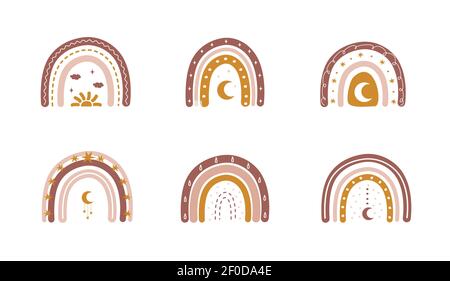 Arcobaleni in stile boho con cuori e lune. Illustrazioni bohémien per le vacanze. Design scandinavo per carta da parati e arredamento per la casa. Vettore moderno Illustrazione Vettoriale