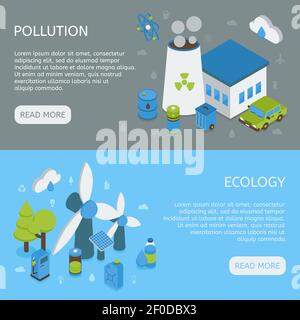 Ecologia striscioni isometrici orizzontali con inquinamento ambientale energia verde acceso sfondo grigio e blu immagine vettoriale isolata Illustrazione Vettoriale