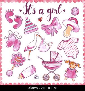 Set di elementi disegnati a mano per bambina neonato con giocattoli di abbigliamento per bambini e oggetti per la cura immagine vettoriale isolata Illustrazione Vettoriale