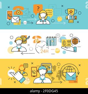 Banner a tre colori contattaci in stile lineare con diversi tipi di illustrazione vettoriale della guida Illustrazione Vettoriale