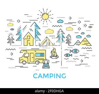 Composizione colorata per campeggio in stile lineare con macchine e. alberi intorno all'illustrazione vettoriale Illustrazione Vettoriale