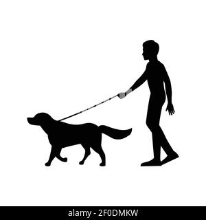 silhouette nera con sfondo bianco isolato di uomo che cammina cane, illstrazione vettoriale Illustrazione Vettoriale