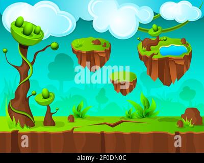 Green Land gioco a livello di design con nuvole e isole appesi in cielo fantastico alberi illustrazione vettoriale Illustrazione Vettoriale