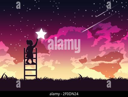 Silhouette design di ragazza è sulla scala per mantenere stella, vettore illustrazione Illustrazione Vettoriale