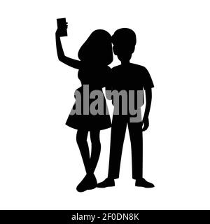 silhouette nera con sfondo bianco isolato di selfie coppia,vettoriale illstrazione Illustrazione Vettoriale