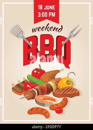 Poster di cibo barbecue con pesce e verdure di carne di cibo disegnato lettere decorative con illustrazione vettoriale a forchetta e a torretta Illustrazione Vettoriale