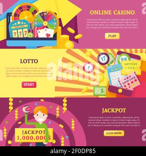 Set di tre striscioni orizzontali lotteria con poker decorativo casinò composizione caratteri e leggere più pulsanti illustrazione vettoriale Illustrazione Vettoriale