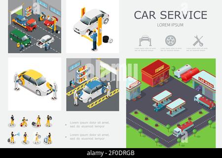 Modello infografico di assistenza isometrica per auto con sostituzione degli pneumatici da parte degli operatori e riparare l'illustrazione vettoriale delle automobili Illustrazione Vettoriale