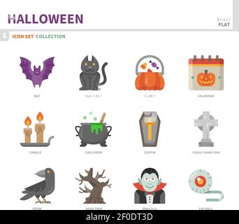 set di icone halloween, stile piatto a colori, vettore e illustrazione Illustrazione Vettoriale
