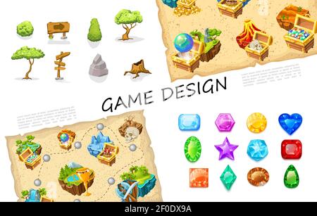 Cartoon gioco elementi collezione con alberi signboard pietre cespuglio tesoro chests vulcano natura isole livello del cranio disegno arma gemme colorate Illustrazione Vettoriale
