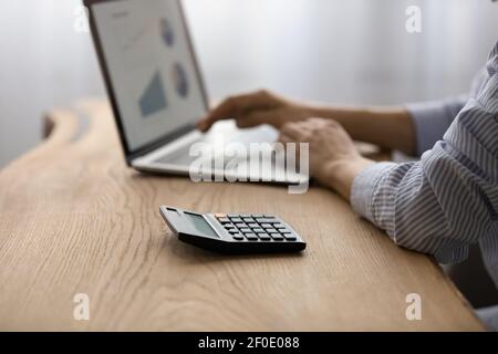 Primo piano di donna gestire le finanze utilizzando il computer Foto Stock