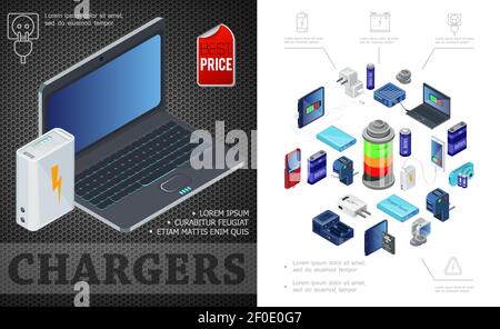 Fonti isometriche della composizione di carica con le spine del banco di alimentazione del computer portatile carica le batterie per i dispositivi moderni illustrazione vettoriale Illustrazione Vettoriale