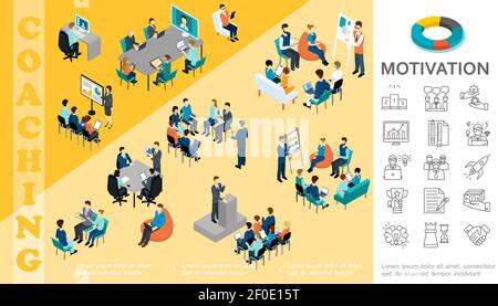 Il concetto di educazione aziendale isometrica con il personale partecipa alla conferenza seminario di coaching brainstorming consultazione motivazione icone lineari vettore ill Illustrazione Vettoriale