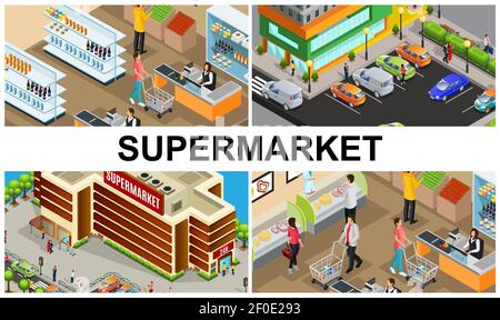 Supermercato isometrico composizione colorata con persone che acquistano prodotti in negozio hall cassieri parcheggio vicino al centro commerciale edificio illustrazione vettoriale Illustrazione Vettoriale