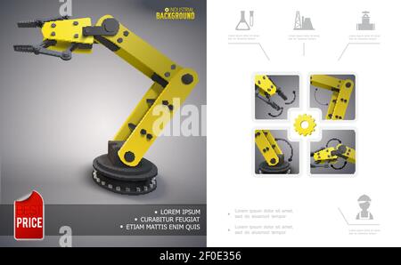 Concetto industriale moderno e realistico con manipolatore meccanico robotizzato e olio icone del settore illustrazione vettoriale Illustrazione Vettoriale