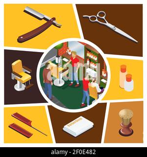 Composizione degli elementi barbiere isometrica con i clienti parrucchieri in barbiere forbici asciugamani pettini bottiglie cosmetiche sedia rasoio isolato Illustrazione Vettoriale