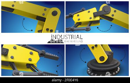 Composizione industriale intelligente e realistica con bracci robotici meccanici industriali gialli e manipolatori illustrazione vettoriale Illustrazione Vettoriale