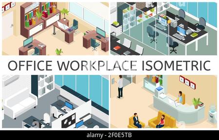 Composizione isometrica degli interni per ufficio con diversi spazi di lavoro aziendali mobili computer computer portatili stampante acqua refrigeratori orologi piante libreria peop Illustrazione Vettoriale