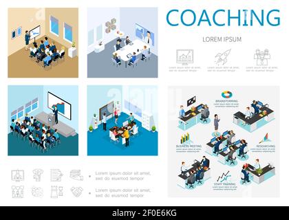 Concetto infografico di coaching isometrico con il brainstorming delle riunioni aziendali di formazione del personale seminario on line conferenza motivazione e icone di sviluppo v Illustrazione Vettoriale