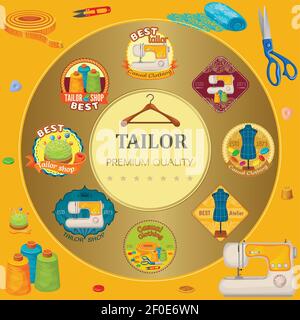 Strumenti piatti su misura, design rotondo con coloratissimi emblemi da cucire forbici a macchina bottoni in tessuto appendiabiti tagliafili e bobine vecto Illustrazione Vettoriale