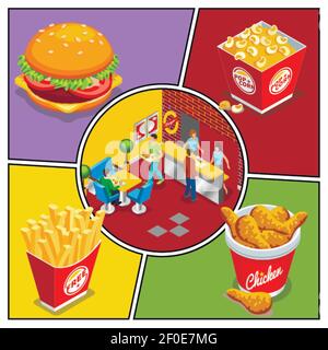 Composizione colorata di fast food isometrico con hamburger di pollo a secchio di popcorn gambe patatine fritte persone che mangiano in fastfood ristorante illustrazione vettoriale Illustrazione Vettoriale