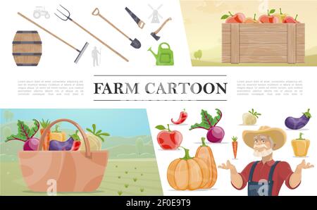 Cartoon agricoltura colorato concetto con agricoltore barile manuale lavoro attrezzi cassa di mele cesto di verdure illustrazione vettoriale Illustrazione Vettoriale