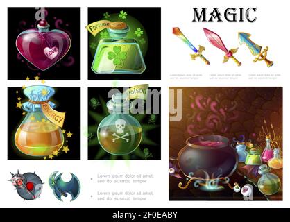 Composizione di elementi magici del gioco di cartoni animati con scudi di spade mace strega cauldron bottiglia di amore fortuna energia veleno veleno illustrazione vettoriale Illustrazione Vettoriale