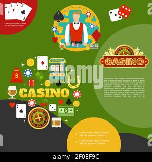 Casinò piatto e modello di poker con gli occhiali da gioco di carte croupier di borsa di denaro whiskey slot machine a ferro di cavallo dadi chip roulette illustrazione vettoriale Illustrazione Vettoriale